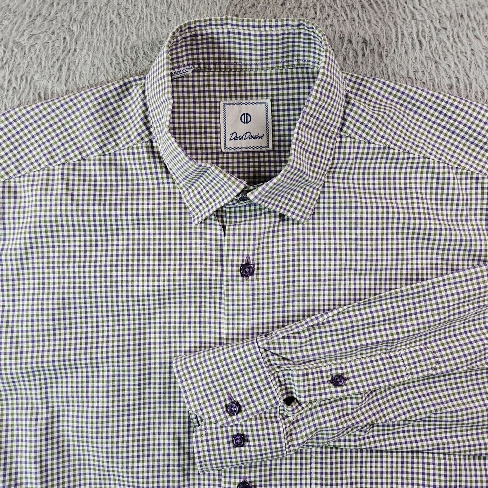 David Donahue Dress Shirt Men Button Up Long Sleeve Purple Green White Plaid - L